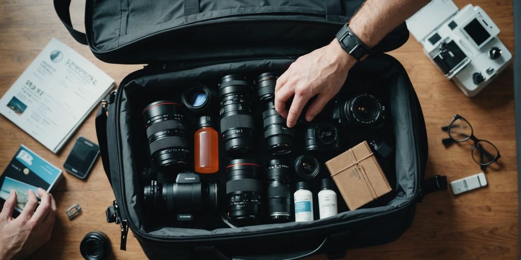 Person packing safety essentials into a travel bag