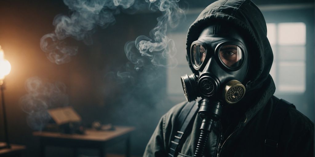 Person with gas mask in smoky room, symbolizing danger.