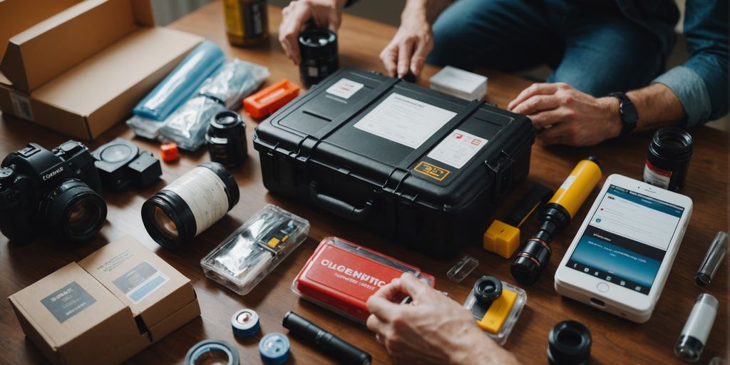 Family preparing emergency kit with essential survival items