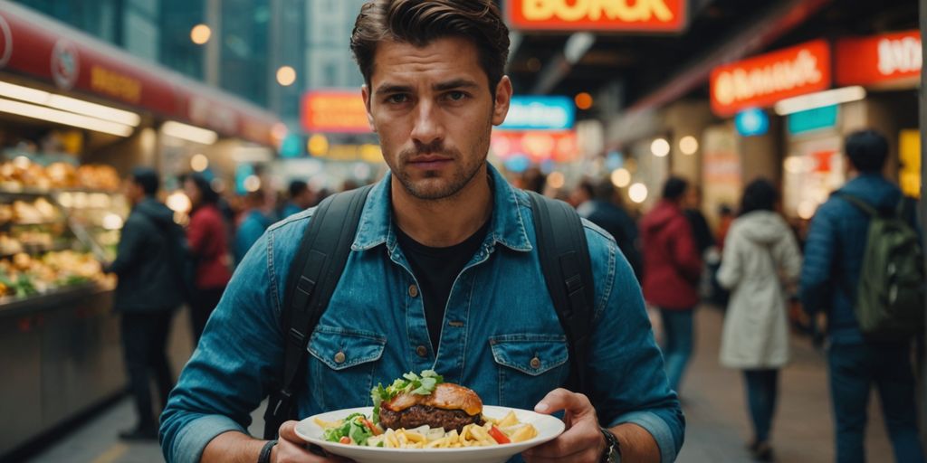 Traveler clutching stomach, food and warning sign in background