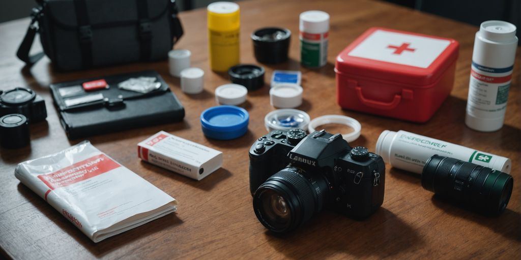 Emergency kit, flashlight, and first aid essentials on table.