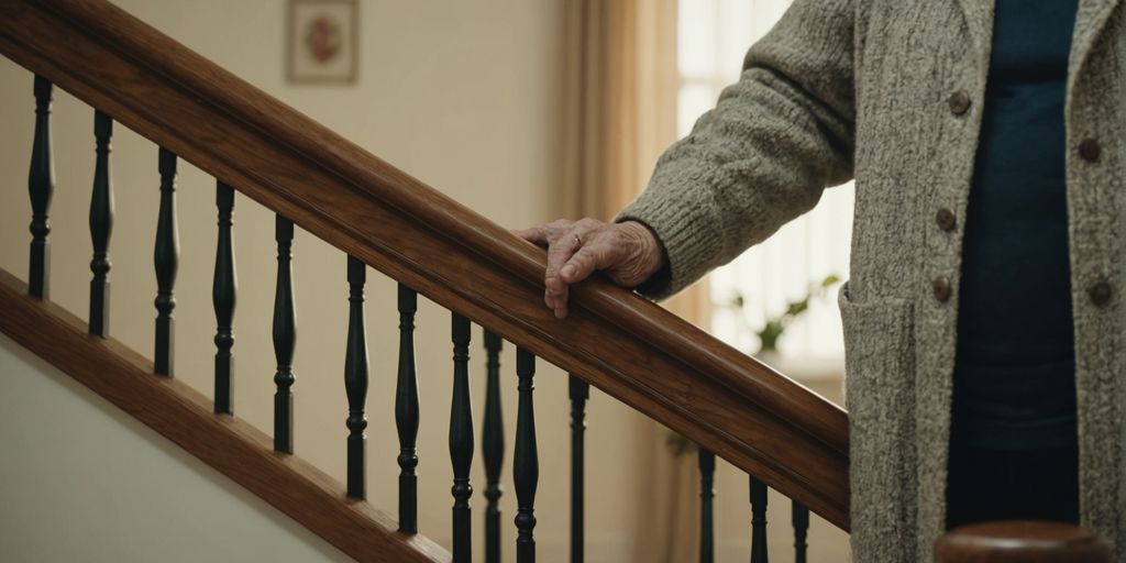 Elderly person using handrail on safe staircase