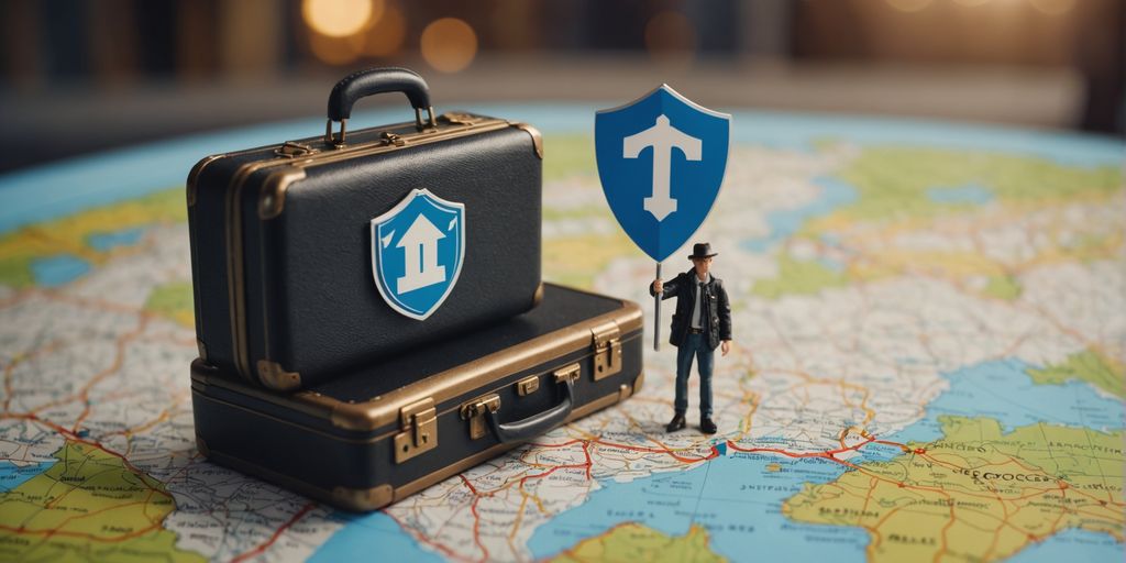 Traveler holding suitcase with insurance shield on map