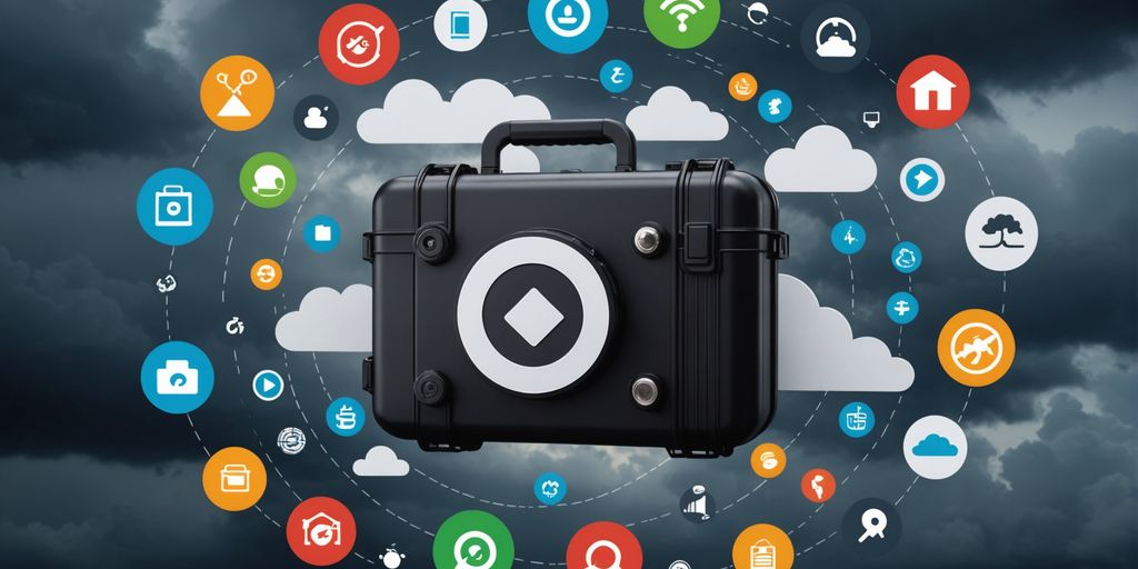 Emergency kit, storm clouds, and safety icons in a circle