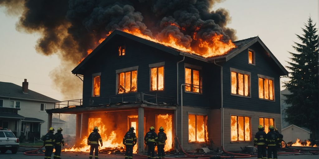 Firefighters battling a house fire with intense flames