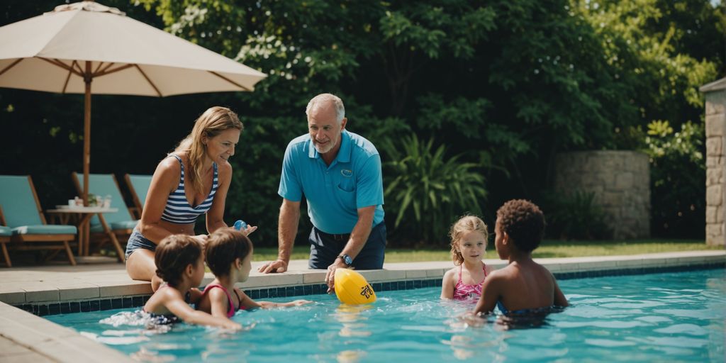 Parents guiding children on water safety by the pool