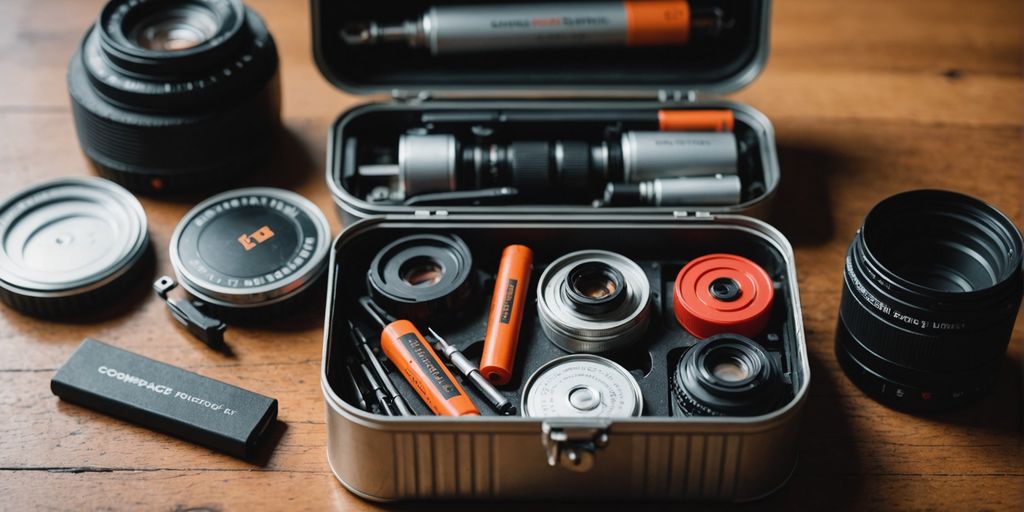 Survival kit in a can with essential tools shown.