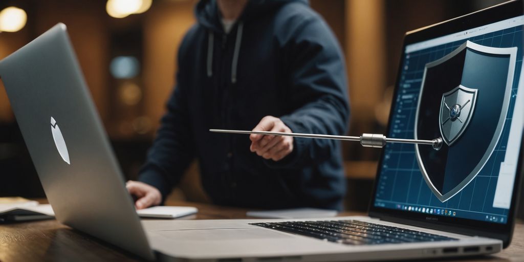 Person with shield protecting laptop from phishing hook