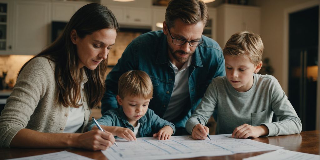 Family gathered around table discussing emergency plan