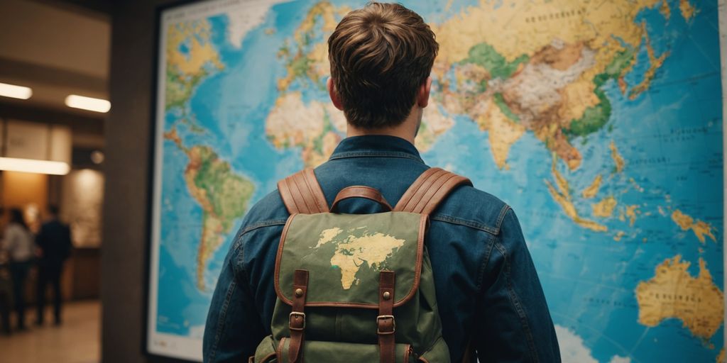 Person with backpack viewing a world map