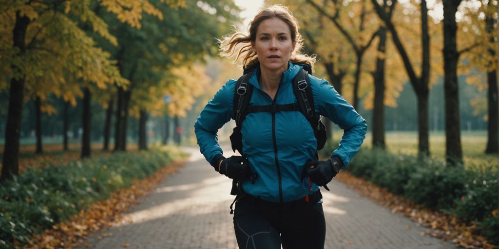 Female runner on a safe, well-lit path at dusk