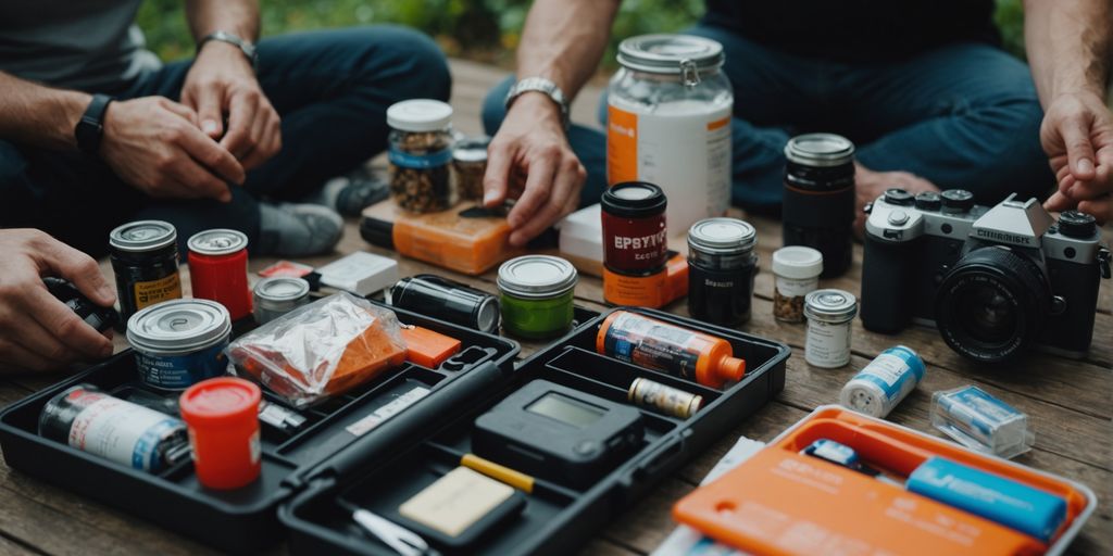 Family organizing emergency supplies for survival kit