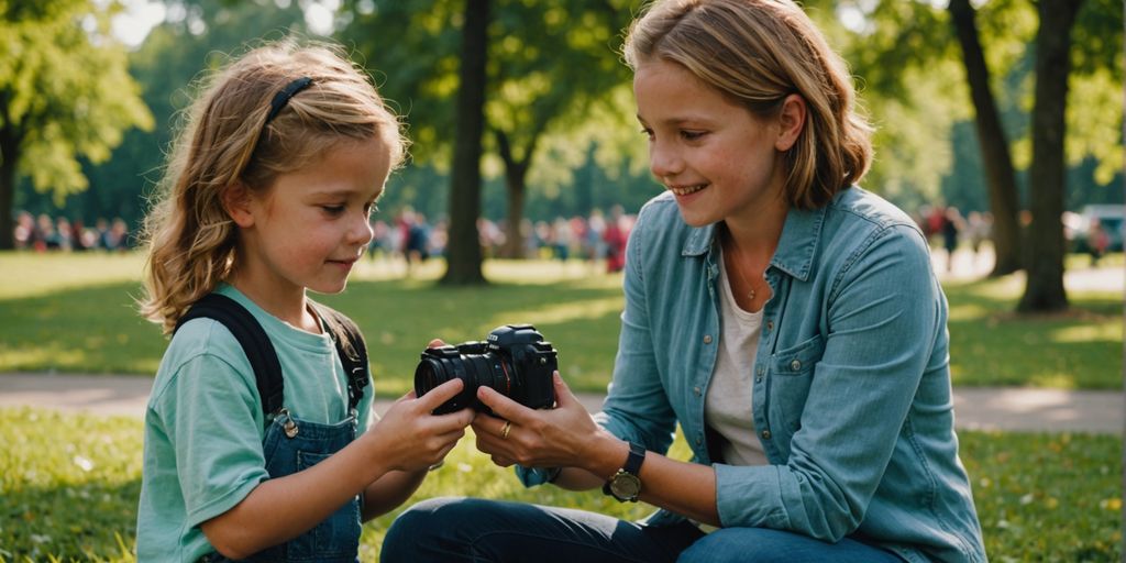 Parent teaching child safety in a park setting