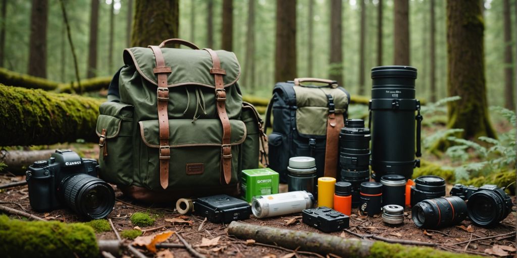 Survival backpack with essential items in a forest